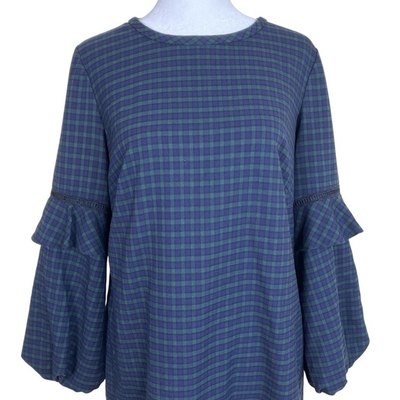 Loft Green And Navy Tartan Plaid Balloon Ruffle Sleeve A-line Mini Dress Sz 4 - Picture 6 of 16